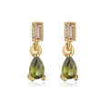 Detail of 18K gold teardrop earrings with green pear-shaped stone and square zircon stud - Green