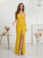 Robe de soirée moulante à paillettes jaune vif avec fines bretelles et fente haute - S (US 2) / Jaune