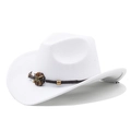 Detail of white cowboy hat with ethnic braided band and floral wooden ornament - White