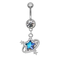 Piercing nombril en argent avec pendentif étoile bleue et cristaux sur fond blanc - Argent Étoile Planète (24040901-5)