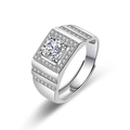 Macro view of men's wide silver ring with sparkling round cut zircon and adjustable band - Adjustable Open / Silver TMJ004