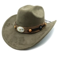 Close-up of olive green suede cowboy hat with brown leather band and bull head metal buckle - M (56-58cm) / Army Green