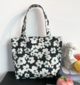 Borsa porta pranzo portatile in tela a fiori bianchi su sfondo nero con manici - Borsa a Mano a Fiori Bianchi e Neri (Con Cerniera)