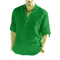 Detail of green linen Henley shirt showing rolled cuffs and textured cotton fabric - M / Dark Green