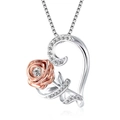 Collana gotica in argento e oro rosa con ciondolo a cuore e rosa e zirconi brillanti - Stile Cuore Rosa Argento (7015)