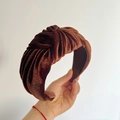 Macro detail of brown corduroy wide knotted headband showing fine ribbed texture - Brown