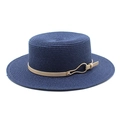Detail of navy blue straw boater hat with khaki leather strap and gold buckle - M (56-58cm) / Navy Blue
