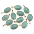 Oval green aventurine gemstone pendants with gold plated edges for jewelry making - Green Aventurine