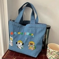 Japanese style cartoon embroidery denim tote bag with school animal design - Three Friends School-Normal