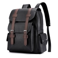 Retro black faux leather backpack with brown buckle straps and multi-pocket design - Black