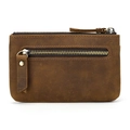 Dark brown genuine leather coin purse with triple zippers and brass keychain hook - 9202-Brown