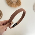 Brown padded twill headband with handmade label, fashion hair accessory for high skull top - Khaki Pink