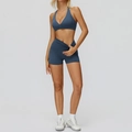 Set yoga blu grigio in 2 pezzi con reggiseno sportivo a fascia e pantaloncini fitness - S / Reggiseno+Pantaloncini-Blu Grigio