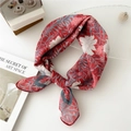 Deep red cotton linen square scarf featuring retro floral print and knotted design - 55cm / Vine Red