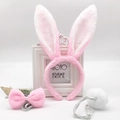 Detailed set of pink plush rabbit ears headband with matching bow tie and round fluffy tail - Pink & White Plush