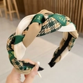 Braided fabric sponge headband in green and beige with golden letter print - Green Braided Headband