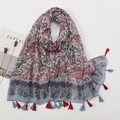 Linen paisley print scarf with blue and red patterns and colorful tassels - Grey Blue Red Paisley Style (XB868)