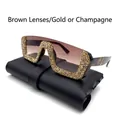 Fashionable oversized semi-rimless tea lens sunglasses with sparkling gold glitter frames - Tea Lens Champagne Rhinestone