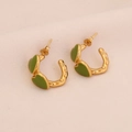 Fashionable gold C-shaped stainless steel earrings with three green enamel hearts - Green