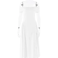 Detalle de elegante vestido midi blanco con hombros descubiertos y caída suave de tela - M / Blanco