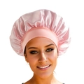 Pink satin hair bonnet for women sleeping with elastic band for hair care - Coral Pink
