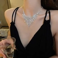 Detail einer eleganten V-förmigen Strass-Fransen-Halskette mit funkelnden Wassertropfen - Silberne V-Form Dichte Vollstrass-Halskette