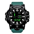 Detailed view of digital dual-display sports watch with green strap and world time bezel - Dark Green