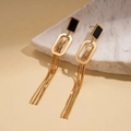 Orecchini pendenti rettangolari placcati oro 18K con pietre nere e nappe dorate - Oro