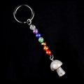 Rainbow chakra bead keychain featuring a hand-carved grey natural stone mushroom pendant - Labradorite