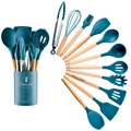 Dark teal silicone kitchen utensil set with wooden handles and storage container - Small Bucket Style / Dark Blue