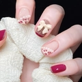 Faux ongles imprimé léopard rose avec nœuds blancs et perles pour femmes - Style Nœud Léopard Rouge Vin Crème (JP1316)