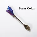 Vintage brass coffee spoon with floral relief and gradient purple crystal cluster - Blue Plated Feather - Brass