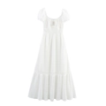Elegante abito lungo in pizzo bianco con maniche a sbuffo e dettagli della gonna a balze - XS / Bianco