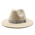 Detail of beige wool fedora hat featuring a sparkling silver rhinestone band decoration - Beige