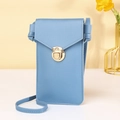 Crossbody cell phone purse in light blue PU leather with a gold circular clasp and strap - Blue