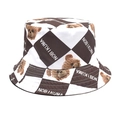 Detail of checkered bucket hat with brown white grid and printed teddy bear design - M(56-58cm) / Coffee