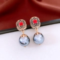 Detailed view of vintage gold earrings with red stones, black gems, and gray pearl drops - 925 Silver Pin Pearl Earrings-Gold-Grey