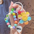 Regenbogen Sonnenblume Perlenkette Schlüsselanhänger mit Macaron-Perlen und Herz - Sonnenblumen-Perlenkette Schlüsselanhänger-Bunt