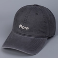 Close-up of charcoal grey cotton baseball cap with cream 'More' letter embroidery - M (56-58cm) / Gray