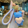Blue resin yarn-textured bear keychain with purple leather strap and golden bell charm - Resin Heart Bear-Purple