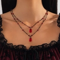 Gothic double-layer choker with red blood-drop crystals and black beaded chain - 12 Black Red Water Drop Double-Layer Necklace