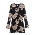 Elegante zwarte mini-jurk met lange mouwen en champagnekleurig bloemenborduurwerk en ronde hals - XS / Zwart