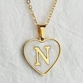 Golden heart necklace with white shell inlay and letter N pendant for women - Letter N / Gold