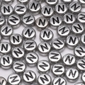 Silver round acrylic alphabet beads with black letter N for DIY jewelry bracelets - Letter N
