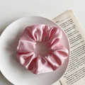 Pink satin scrunchie hair tie with metallic luster on elegant white ceramic plate - 1076A Girly Pink Satin Scrunchie