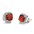 Elegant square cushion cut red gemstone halo stud earrings in polished silver finish - Red