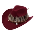 Burgundy Western cowboy hat featuring feather trim and decorative beaded metal charms - M (56-58cm) / Burgundy