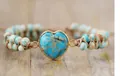 Bohemian heart-shaped imperial stone bracelet with turquoise beads and brown braided cord - Turquoise