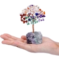 Handheld multicolor crystal tree ornament with a natural amethyst geode base - Seven Chakra Tree + Fluorite Base