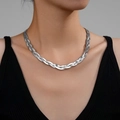 Silver braided herringbone snake chain necklace in stainless steel on neck - Steel Color Braided Flat Snake Chain